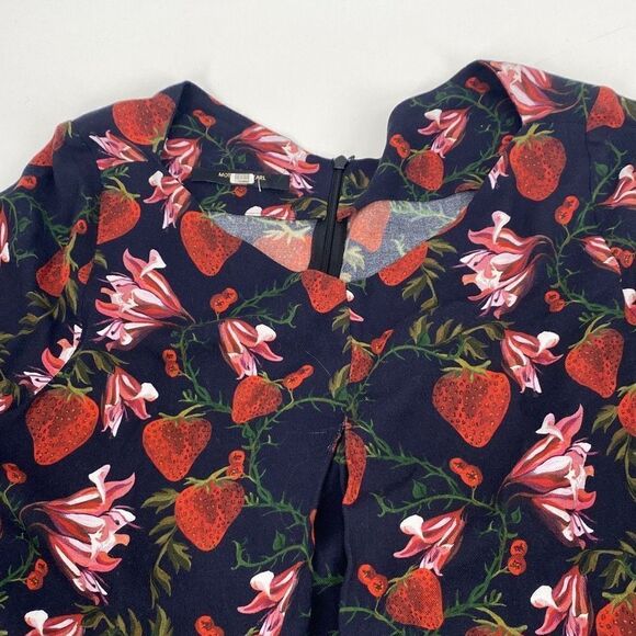 Mother Of Pearl - Navy Blue Strawberry Print Bell Sleeved MIDI Dress V-Neck Sz 6 - Picture 7 of 14
